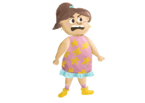 穿着粉色裙子的卡通愤怒可爱女孩孤零零地站在那里图片下载