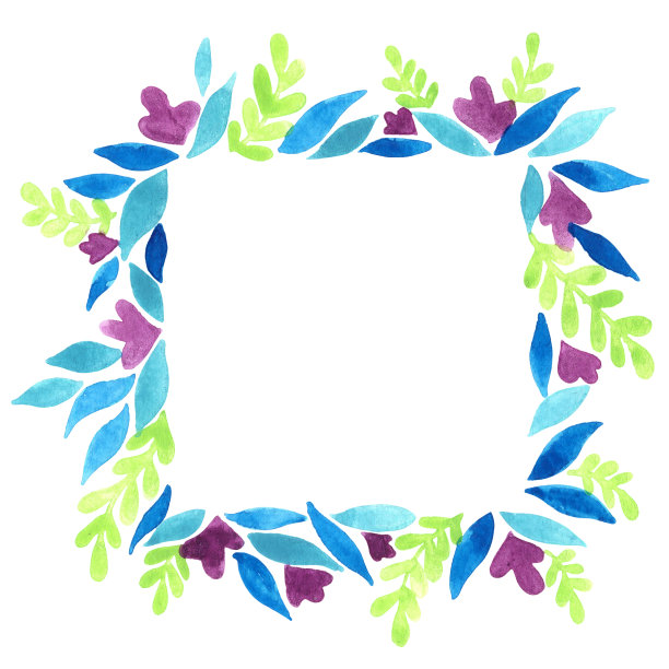 紫色的花，蕨类植物的叶子和叶子框架水彩装饰热带花园和春季。图片下载