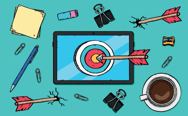 卡通风格的彩色插图箭头内目标在桌面上的办公室办公桌。两支箭没有射中目标。手绘矢量插图。图片下载