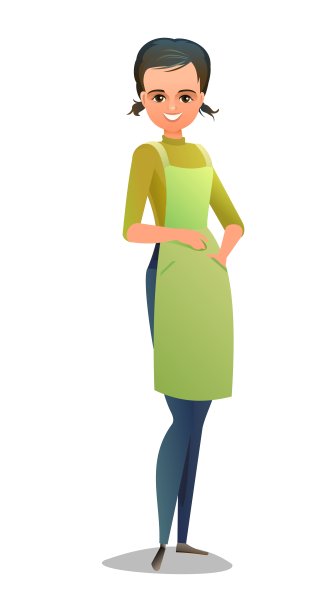 小女孩工匠或艺术家。青少年在围裙。主在工作服。开朗的人。站立姿势。漫画风格的平面设计。单个的字符。插图孤立在白色背景上。向量图片下载