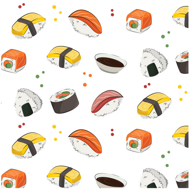 日本料理,食物。向量无缝模式平面插图孤立在白色背景上。寿司卷、饭团、酱油集无缝图案。股票的照片。餐厅菜单和海报。交货地点图片下载