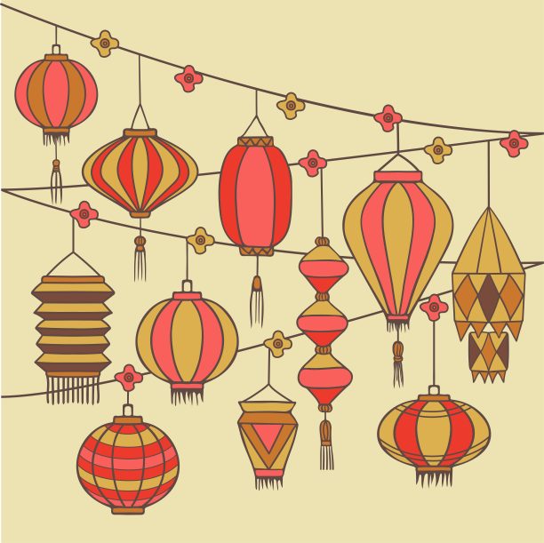 股票矢量悬挂中国灯笼手绘涂鸦插图图片下载