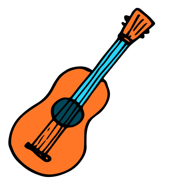 吉他在橙色与蓝色指板在一个平坦的模式风格。一个手绘吉他，一个涂鸦风格的明亮乐器图标，一个标签设计模板的黑色轮廓，包装图片下载
