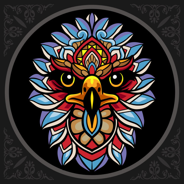 彩色鹰头zentangle艺术，孤立在黑色背景上图片下载
