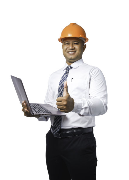 年轻的工程师或建筑师站在剪贴板和拳头手势非常高兴和微笑快乐孤立在白色背景与剪辑路径图片下载