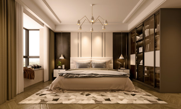 3d渲染豪华酒店套房房间，卧室图片下载
