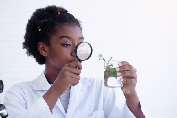 非裔美国女学生在实验室做实验。儿童和科学，教育。图片下载