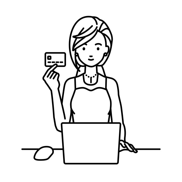 一个穿着裙子的女人在她的办公桌前使用笔记本电脑，手里拿着一张信用卡图片下载