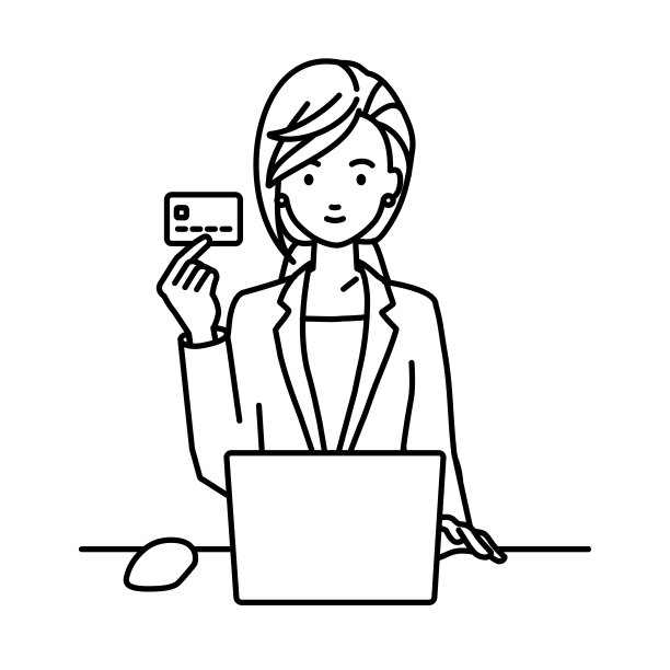 一名穿着职业装的女士在她的办公桌前使用笔记本电脑，手里拿着一张信用卡图片下载