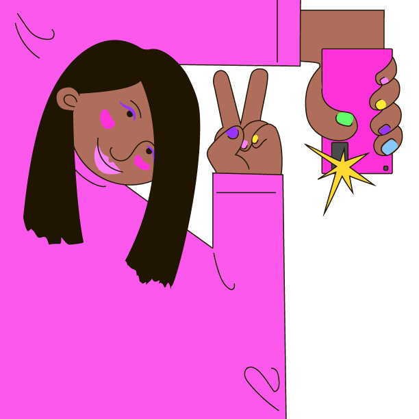 穿着粉色运动衫、化着鲜艳妆容的女孩正在用手机自拍，闪光灯一闪而过。矢量插图在平坦的涂鸦风格图片下载