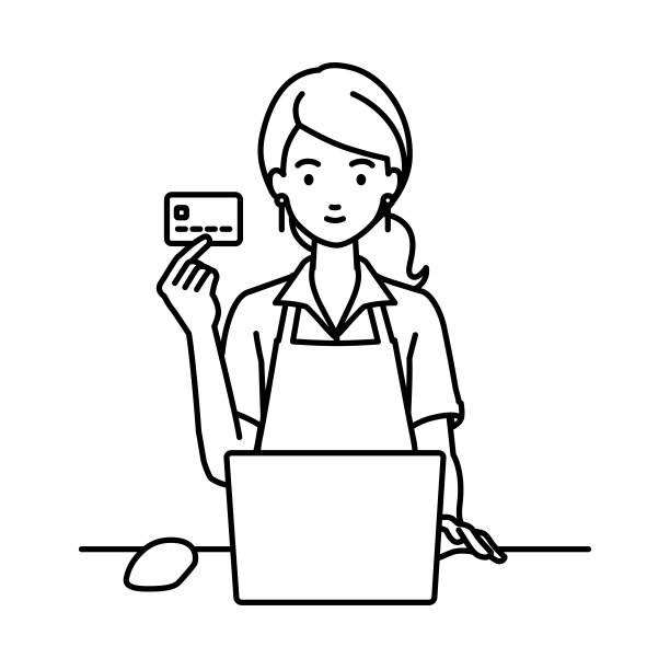 一位女士坐在咖啡馆的围裙上，手里拿着一张信用卡，在办公桌前使用笔记本电脑图片下载