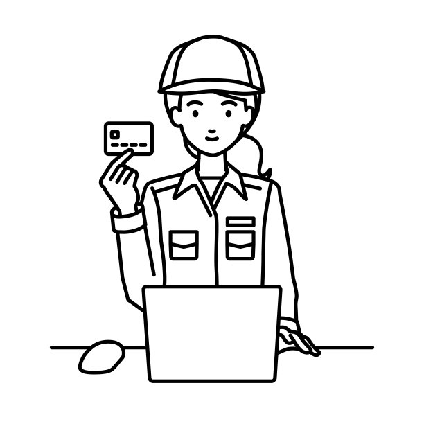 一位蓝领女工在她的办公桌前使用笔记本电脑，手里拿着一张信用卡图片下载