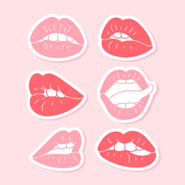 一套女人嘴唇的贴纸。张开和关闭的嘴，牙齿，美丽和化妆品的图标。黑色唇膏孤立在白色背景上，平面，卡通，涂鸦。图片下载