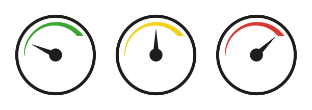 一套速度计刻度。箭头在不同的位置。绿色，黄色和红色的鳞片。白色隔离的载体图片下载