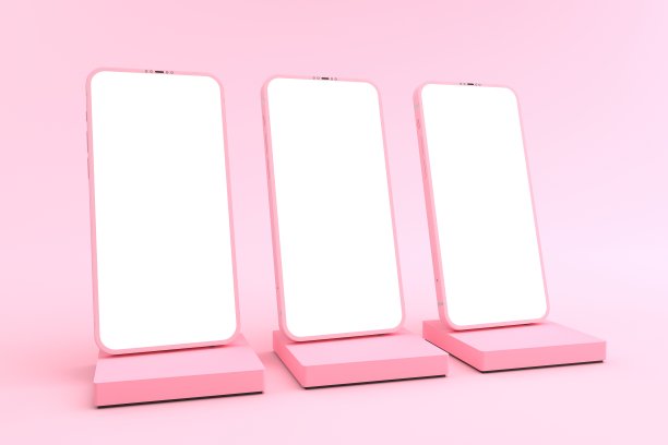 3D渲染的智能手机白色屏幕上的粉红色方块底座，手机模型倾斜到地面上。基座可用于商业广告，孤立在最小的粉红色背景。图片下载