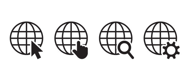 互联网矢量图标设置。图形符号，网络联系符号，点击光标，搜索和设置图片下载