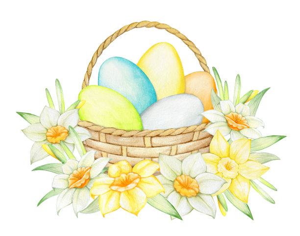 柳条篮，点缀着复活节，五彩缤纷，彩蛋，一束春花，水仙花。水彩节日音乐会，在一个孤立的背景。图片下载