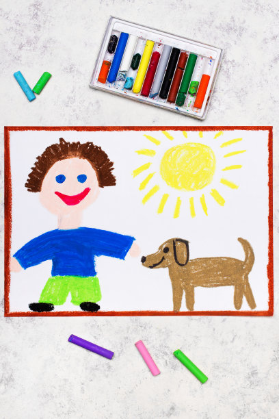 彩色图画:微笑的男孩和他可爱的收养狗图片下载