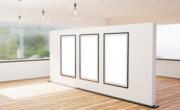 房间中央的墙上挂着空的相框。放置内容的概念。3d渲染，3d插图。图片下载