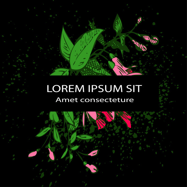 漂亮地安排了一束花在黑色的背景上。画紫红色的花，艺术向量插图。花卉植物时尚格局框架，图形设计与水彩飞溅图片下载