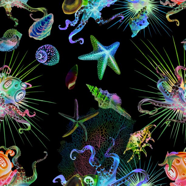 无缝水彩画的海洋生物。章鱼、海星和贝壳是黑色背景下彩虹的明亮颜色。电子纸图片下载