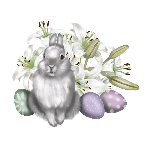 水彩复活节组成。兔子，复活节彩蛋和鲜花图片下载