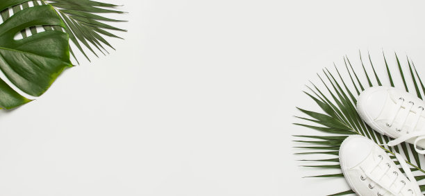 白色女性时尚运动鞋，浅灰色背景上的热带树叶。平躺顶视图复制空间。女性的鞋子,配饰。时尚的白色运动鞋。夏天创意概念图片下载