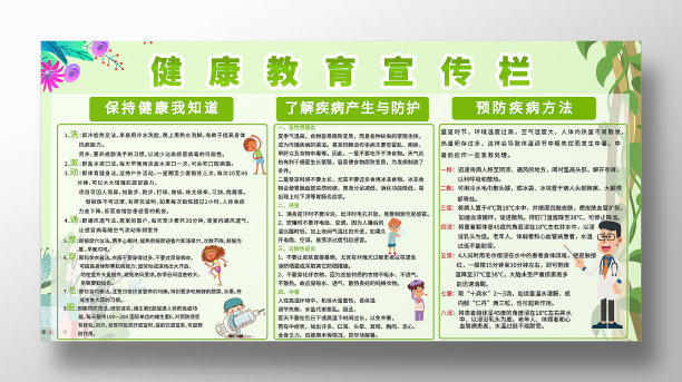 绿色卡通风健康教育宣传展板图片下载