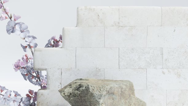 用于展示带有花卉图案的香水、化妆品和沐浴产品的讲台。3 d渲染。图片下载