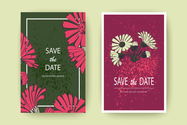 手绘菊花贺卡，艺术向量插图。植物的婚礼装饰。花瓣涂成粉红色。花卉新潮图案派对背景设计。绿色,红色的颜色图片下载