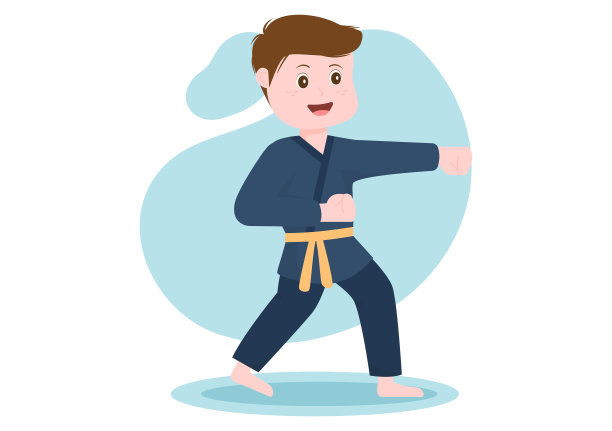 可爱的卡通孩子做一些基本的空手道武术动作，战斗姿势和穿着和服在平坦的风格背景矢量插图图片下载