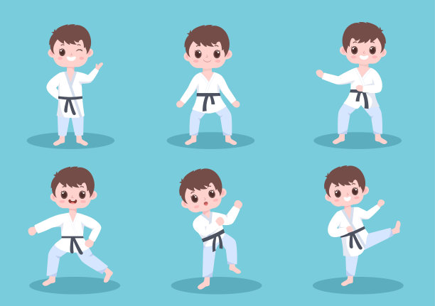 可爱的卡通孩子做一些基本的空手道武术动作，战斗姿势和穿着和服在平坦的风格背景矢量插图图片下载