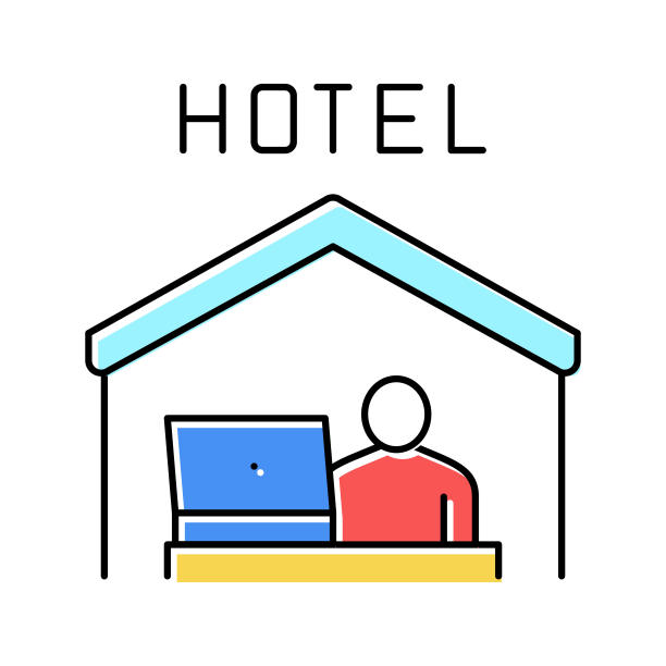 远程工作在酒店颜色图标矢量插图图片下载