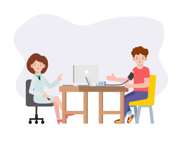 医生给病人量血压。检查动脉血压数字装置眼压计。监控的健康。健康的概念。平面卡通人物设计孤立的矢量插图图片下载