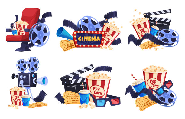 动漫电影产业设置矢量平面电影院元素收集爆米花，扶手椅，相机图片下载