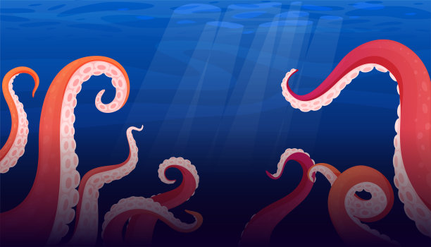 触手乌贼或海怪在深海里蓝色的海洋向量平坦邪恶的潜水幻想恐怖的怪物图片下载