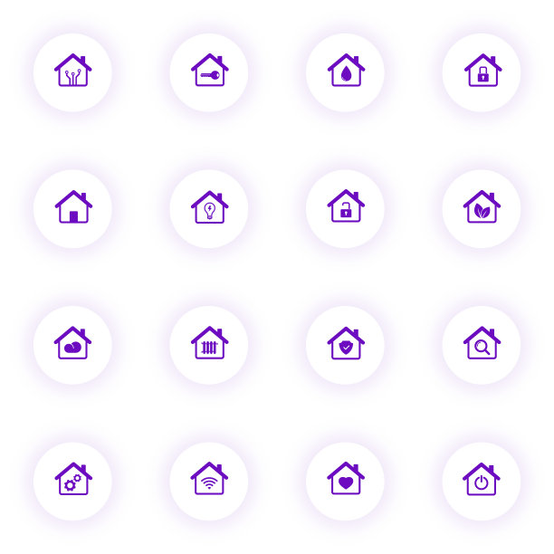 智能家居紫色矢量图标光圆形按钮紫色阴影。智能家居图标设置为web，移动应用程序，UI设计和打印图片下载