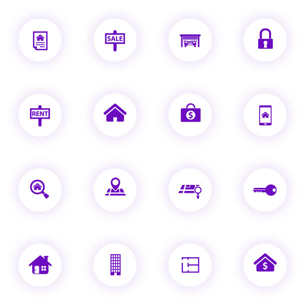 带紫色阴影的光圆形按钮上的紫色矢量图标。房地产图标设置网页，移动应用程序，UI设计和打印图片下载