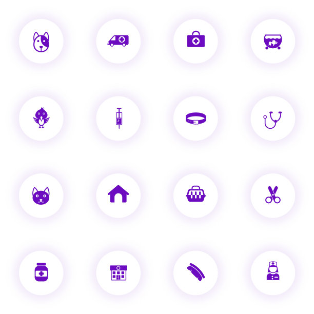兽医诊所紫色矢量图标光圆形按钮紫色阴影。兽医诊所图标设置为web，移动应用程序，UI设计和打印图片下载