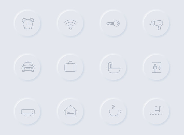酒店灰色矢量图标上圆形橡胶按钮。酒店图标设置网页，移动应用程序，UI设计和促销业务测谎图片下载