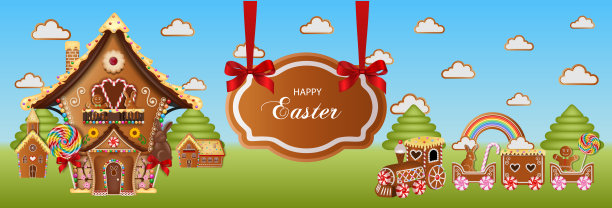 带有姜饼饼干的复活节横幅。有火车和房子的姜饼景观图片下载
