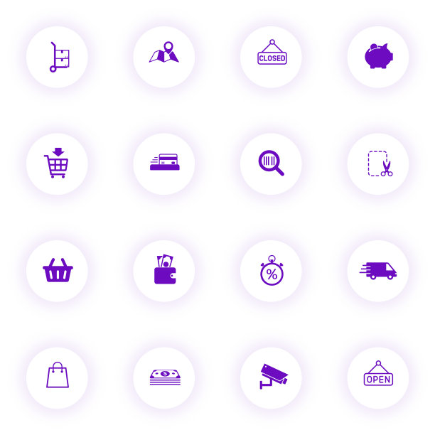 购物紫色矢量图标上的光圆形按钮紫色阴影。购物图标设置网页，移动应用程序，UI设计和打印图片下载