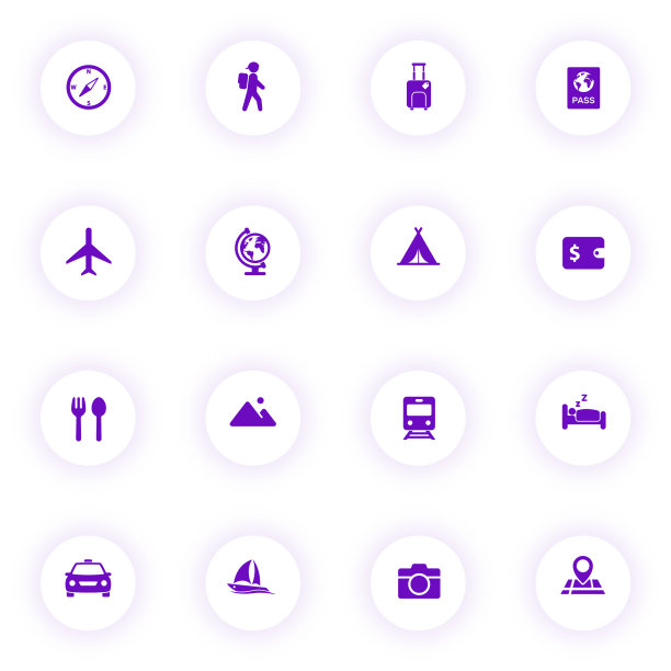 旅游旅游紫色矢量图标光圆形按钮紫色阴影。旅游旅游图标设置网页，移动应用程序，UI设计和打印图片下载