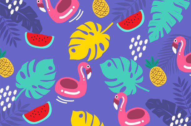 夏季图案火烈鸟西瓜菠萝蓝色背景叶热带图片下载