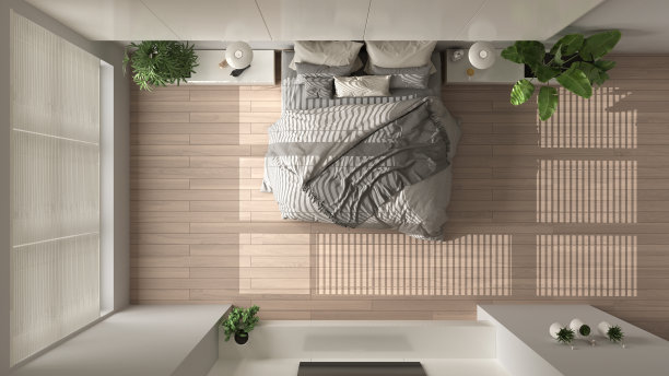 现代白色简约卧室，镶木地板，大窗户，室内植物，柔软的羽绒被和枕头。生态绿色概念，室内设计，俯视图，平面图，以上图片下载