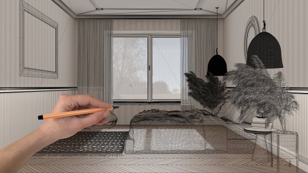空的室内与木制拼花地板，手绘定制建筑设计，黑色墨水草图，蓝图显示经典卧室双人床，概念，模型，想法图片下载