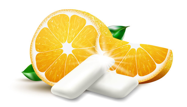 逼真的水果口香糖颗粒，带有橙味。带有新鲜成熟橘子的咀嚼垫。柑橘泡泡糖。品牌包装设计。三维向量图片下载