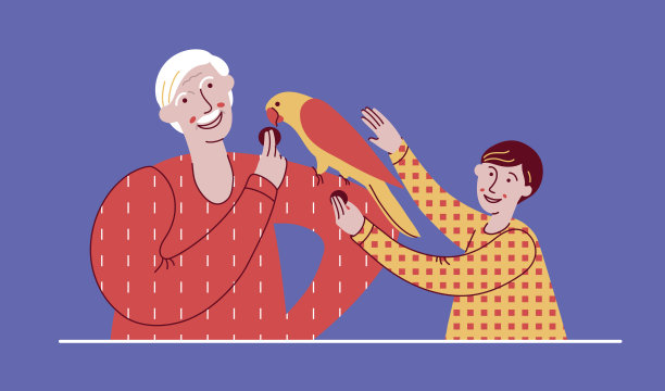 爷爷和孙子带着一只大鹦鹉图片下载