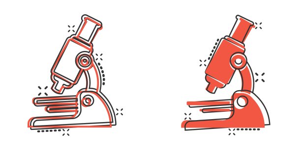 显微镜图标在漫画风格。实验室放大镜卡通矢量插图孤立的背景。生物仪器喷溅效应标志经营理念。图片下载