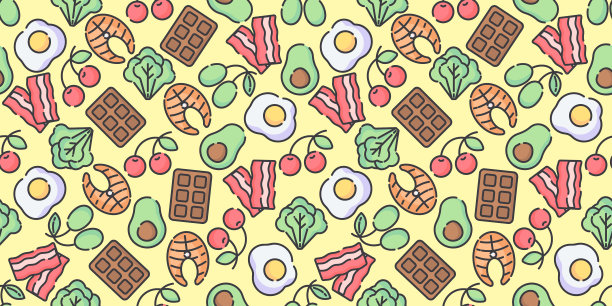 生酮食物载体无缝图案，草图。健康的生酮食品——脂肪、蛋白质和碳水化合物，以无尽的载体模式存在。无缝背景与低碳水化合物酮减肥食品对象。酮无缝模式图片下载